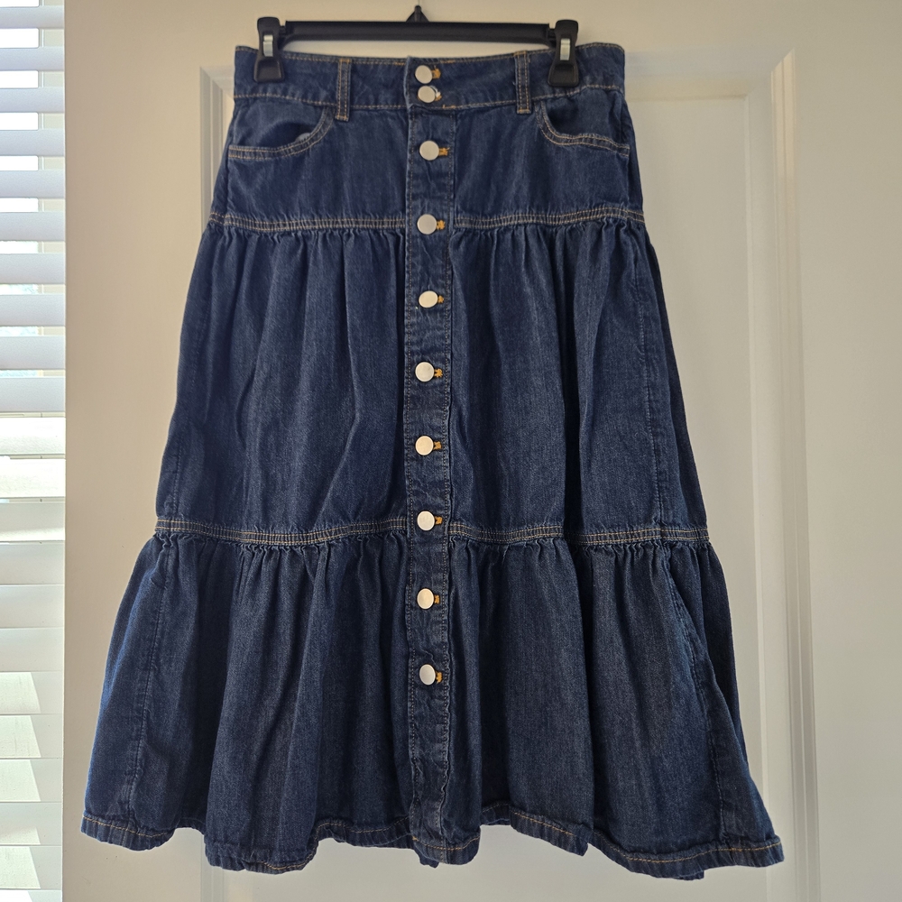 Time and Tru Dark Denim Tiered Midi Skirt Sz 2